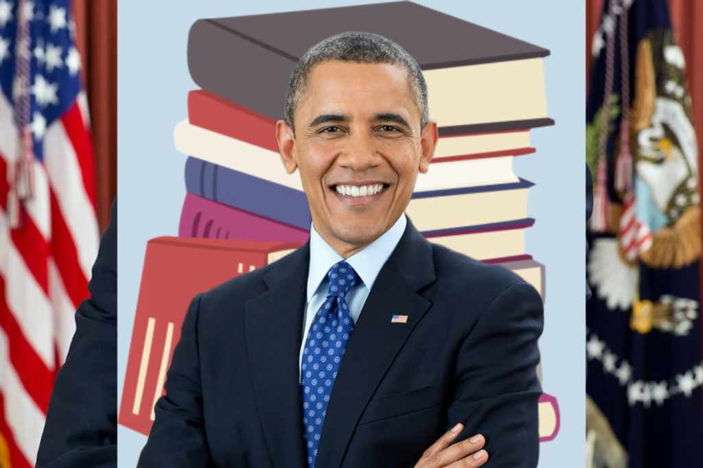 Obama's summer reading list. Obama seen with arms folded, blue tie and black blazer in front of stack of books and US flag
