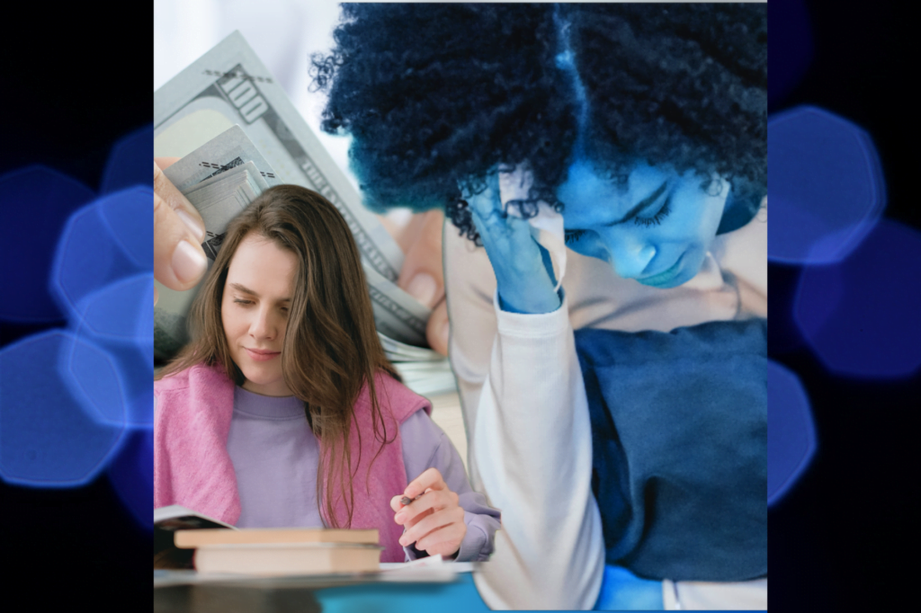 Cost of living crisis publishing. Woman in pink shirt writes book, as a Black woman with afro is in a blue hue with hands in hair depicting sadness, money in the background