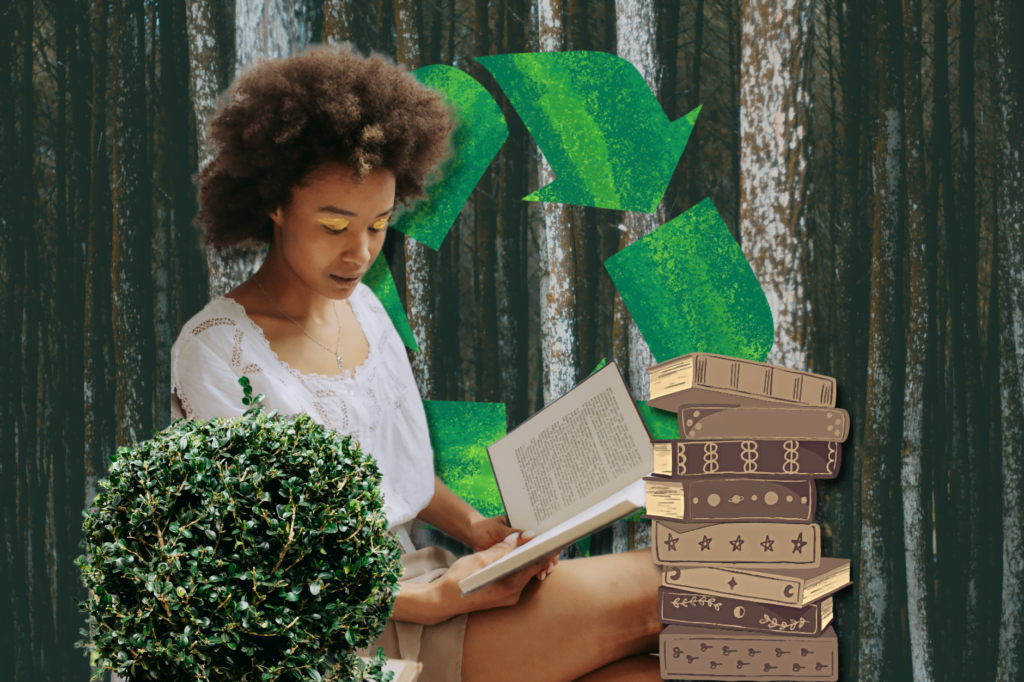 Sustainability in publishing. Black woman with afro hair sits reading with forest background, recycling sign and stack of brown books