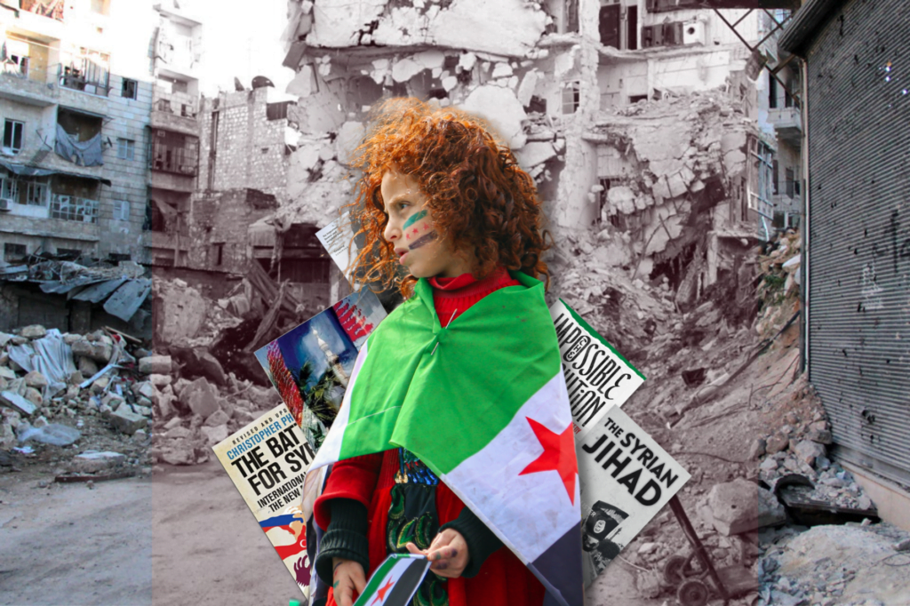 Syrian Civil War, young girl draped in Syrian flag stands in front of books and rubble. In Aleppo, Karm al Jabal.