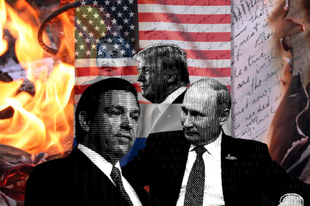 Russia versus US book bans. Black and white images of Ron DeSantis, Vladimir Putin, Donald Trump and Josef Stalin in front of transparent Russian and US flags. Image of book burning in the background