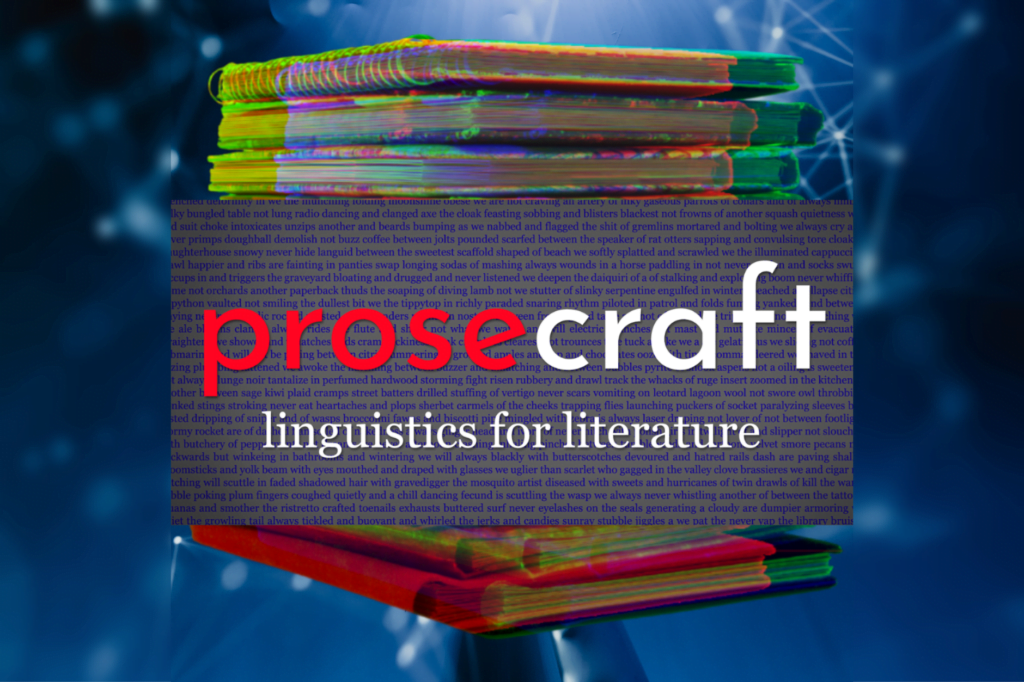 Prosecraft accused of copyright infringement by authors. Stack of books behind grey, red and white Prosecraft sign with AI blue tech background
