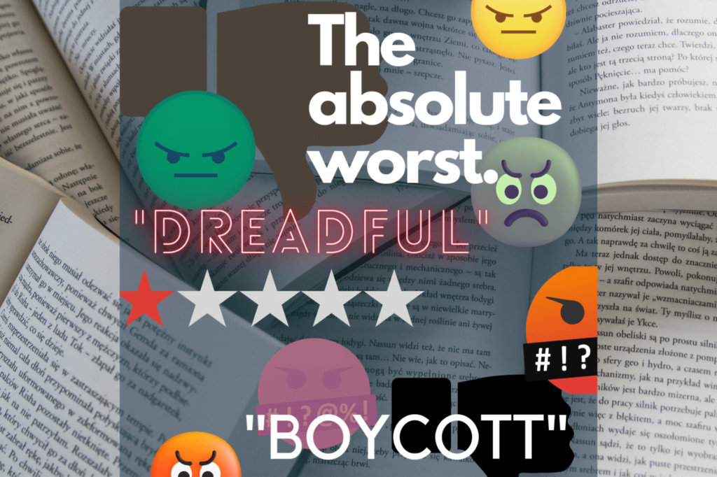 PEN America releases report on censorship in publishing and banning books. Different colour angry emojis, thumbs down and one stars with negative words on top of background with books