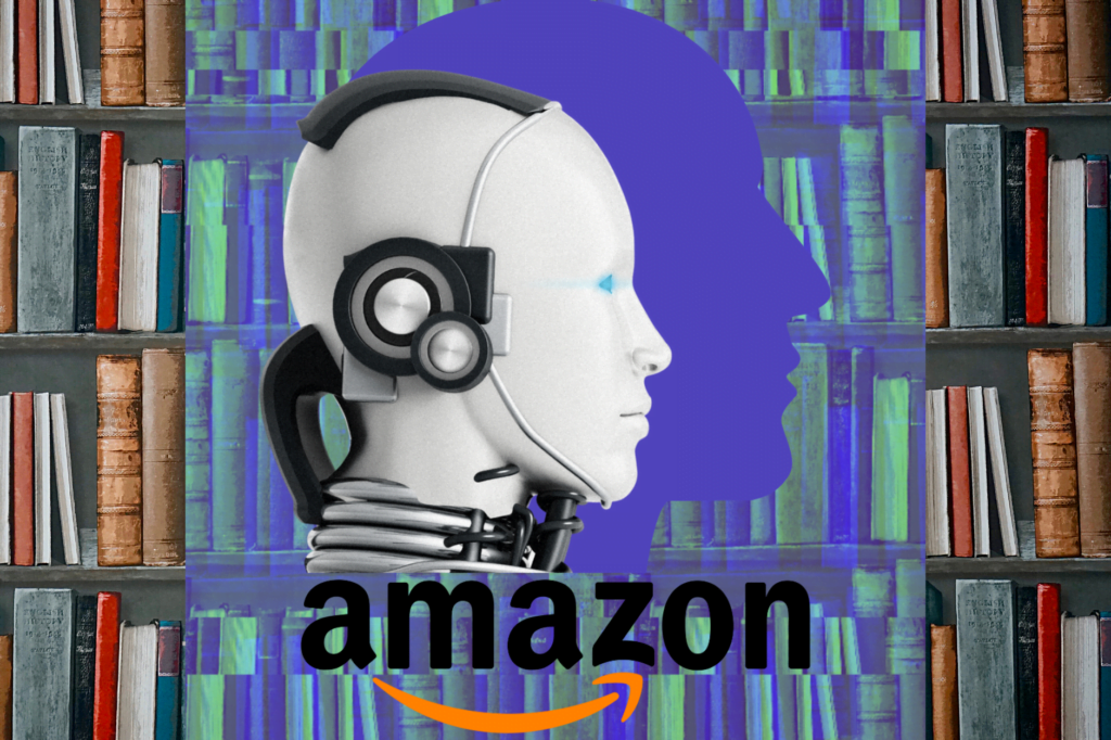 Amazon AI books, robot in front of purple silhouette of face with Amazon logo and glitchy bookshelf