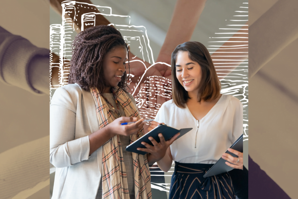 Diversity in publishing, shows two women from different races talking to one another with books in their hands with a graphic image of books in the background and a group of diverse people holding hands