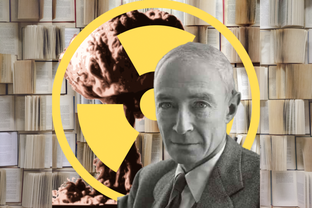 Oppenheimer movie books, black and white image of J. Robert Oppenheimer, with nuclear sign and mushroom cloud and background of books