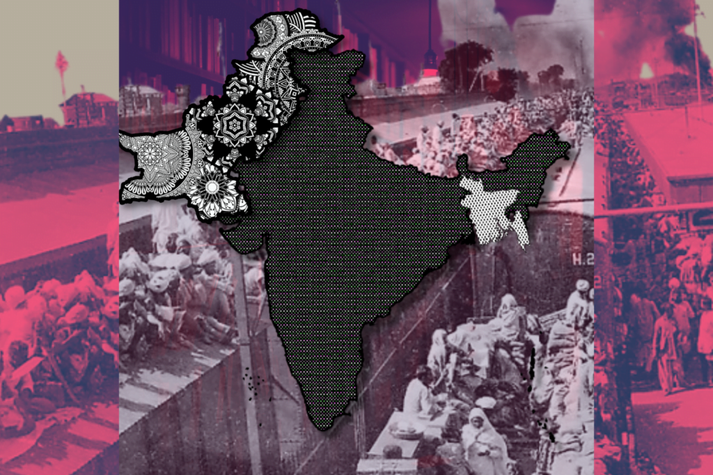 India, Pakistan and Bangladesh black and white stylised map with transparent image of people escaping by train during Partition, while books in the far background