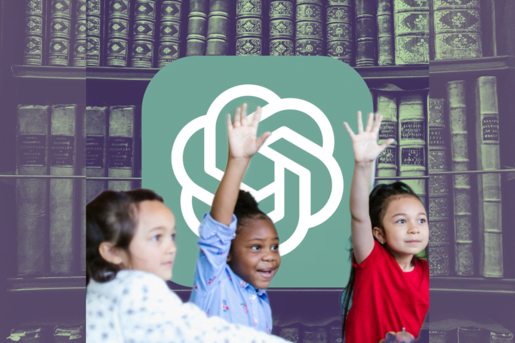 School uses ChatGPT to remove books. Students seen with hands up with background of books and ChatGPT logo
