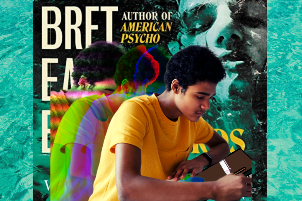 Top autofiction books including Bret Easton Ellis' The Shards. Image shows three versions of same man in yellow t-shirt writing but other versions are different colours with Bret Easton Ellis' book The Shards in the background.