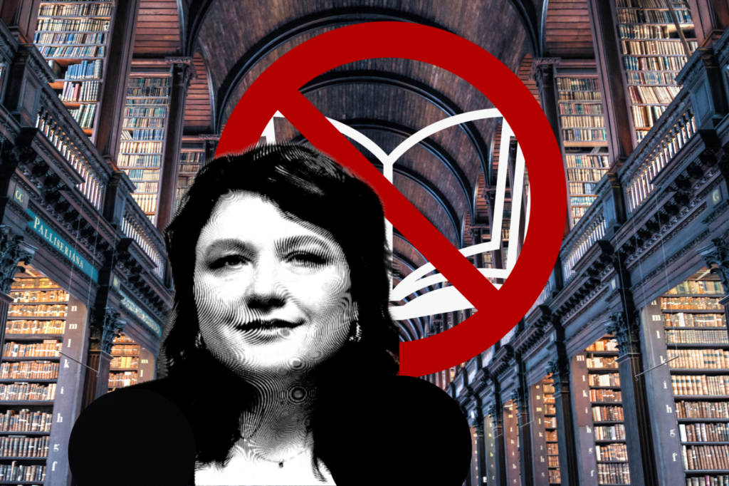 Chief librarian Terri Lesley fired by Wyoming board. Black and white image of Terri Lesley in front of Library with a banned books sign