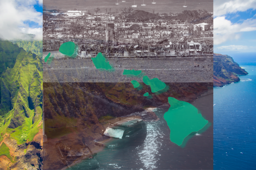Books linked to Hawai'i fire. Sepia images of flooding and fire in Hawai‘i with map of Hawai'i