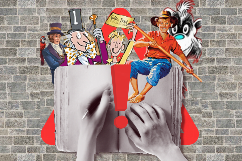 Should books be rewritten? Hands write in a blank book with characters from Roald Dahl, Dr Dolittle, Dr Seuss and Huckeberry Finn I'm the background. Red triangle with excamation point and a grey brick wall