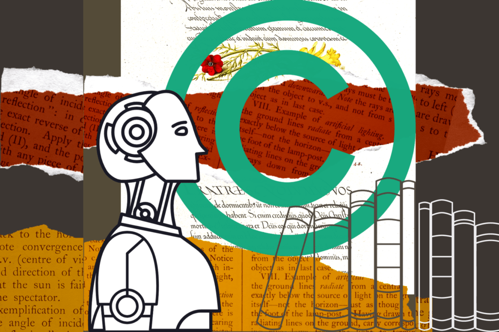 Abandon AI copyright exemption to protect UK creative industries, MPs say. Robot in front of scraps of text from book, large copyright symbol in green and vector image of books