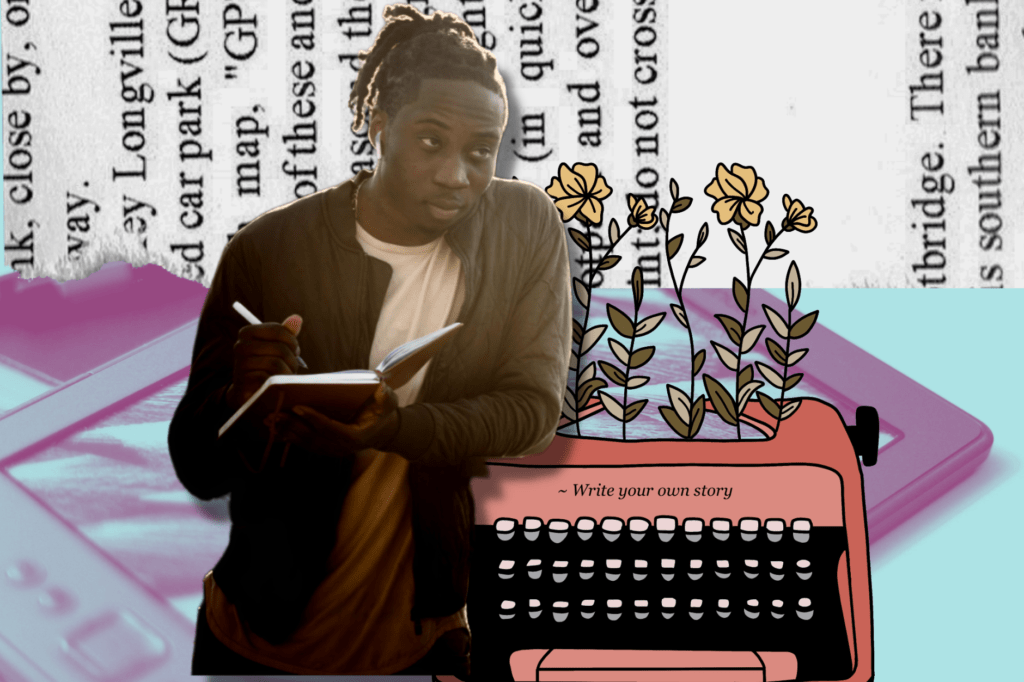 Self-publishing image shows Black man wearing brown tracksuit, reading book, leaning on illustration of typewriter, blue image of Kindle in the background, and page of book