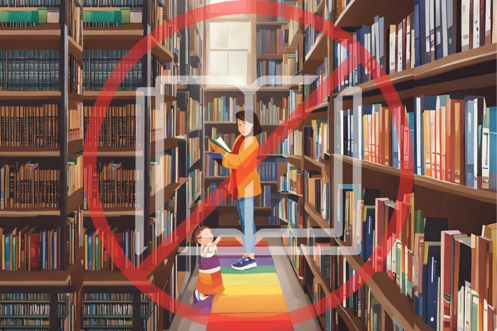 UK library body launches guide to stop censorship. Cartoon of woman and child browsing through library with Pride flag as carpet