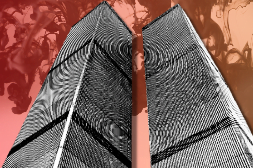 9/11 books, shows twin towers in front of red gradient background