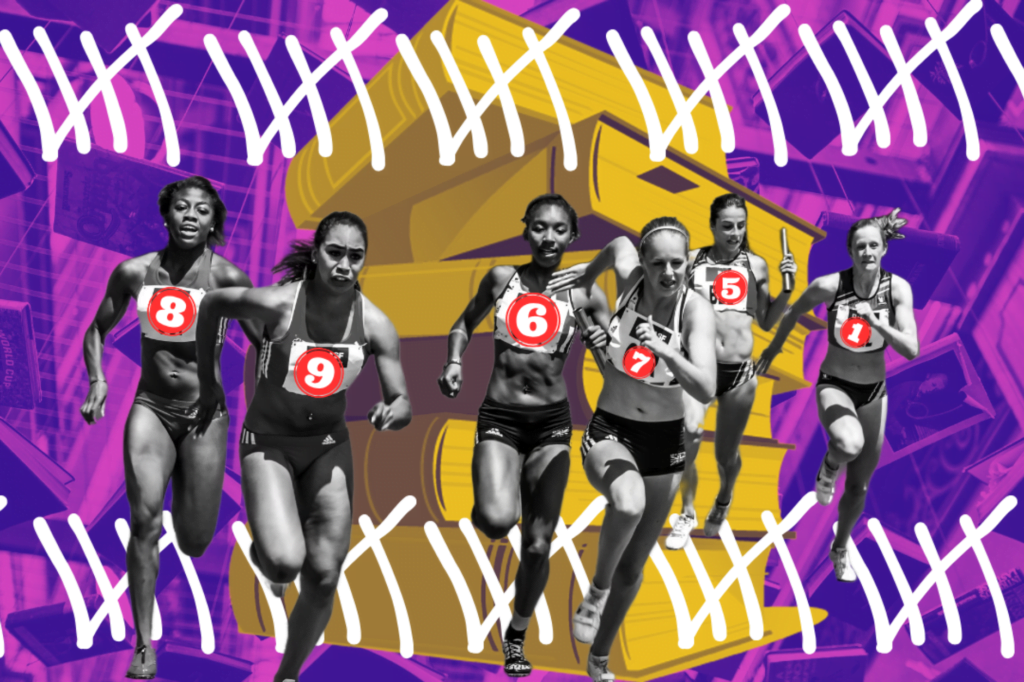 Gamification of reading. Group of people in black and white, running a race with red number badges, a yellow stack of books, a tally and a purple image of hanging books