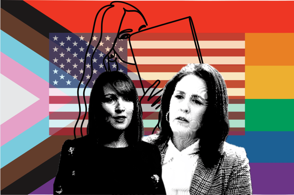 Moms for Liberty founders Tiffany Justice and Tina Descovich in front of silouhette of woman reading, US and Pride flags