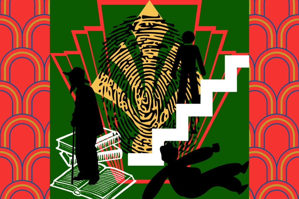 True crime books. Black silhouettes of person on stairs, fallen person and standing person with fingerprint and books. In front of green, red and gold art deco motif to represent Only Murders in the Building