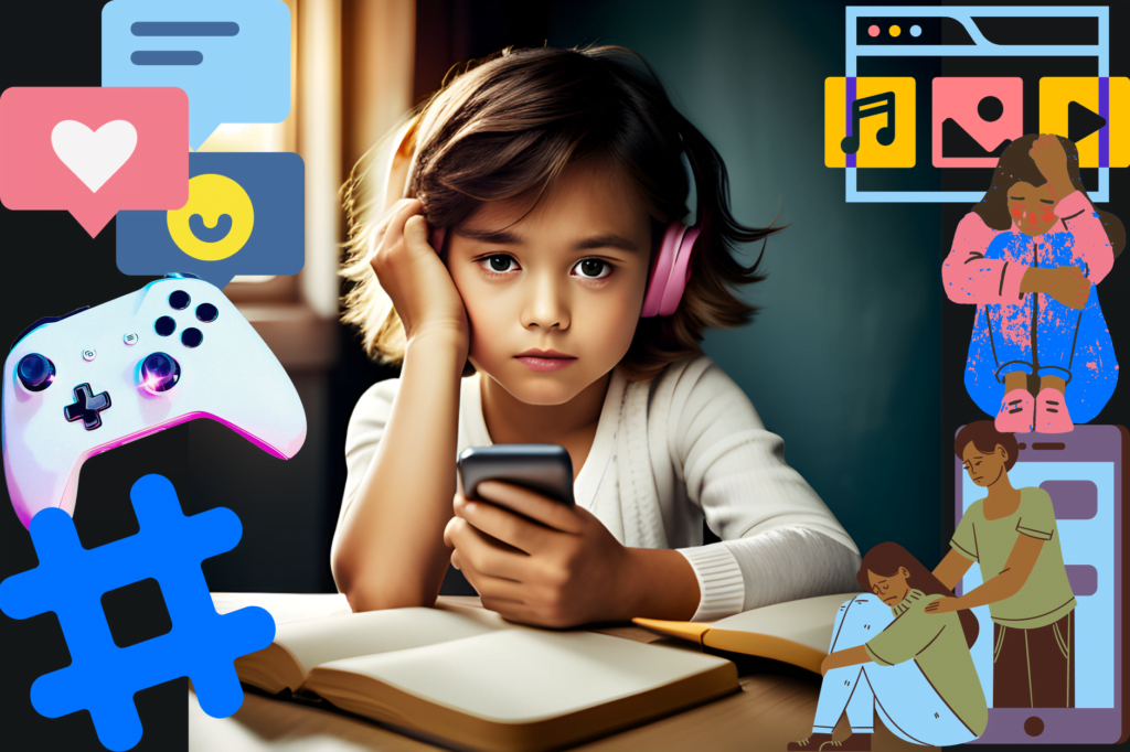 Children's reading enjoyment at lowest level in 20 years. AI image of child with books but focusing on phone and has headphones on. Surrounded by graphics of social media emoji, hashtag, depressed person, gaming and more