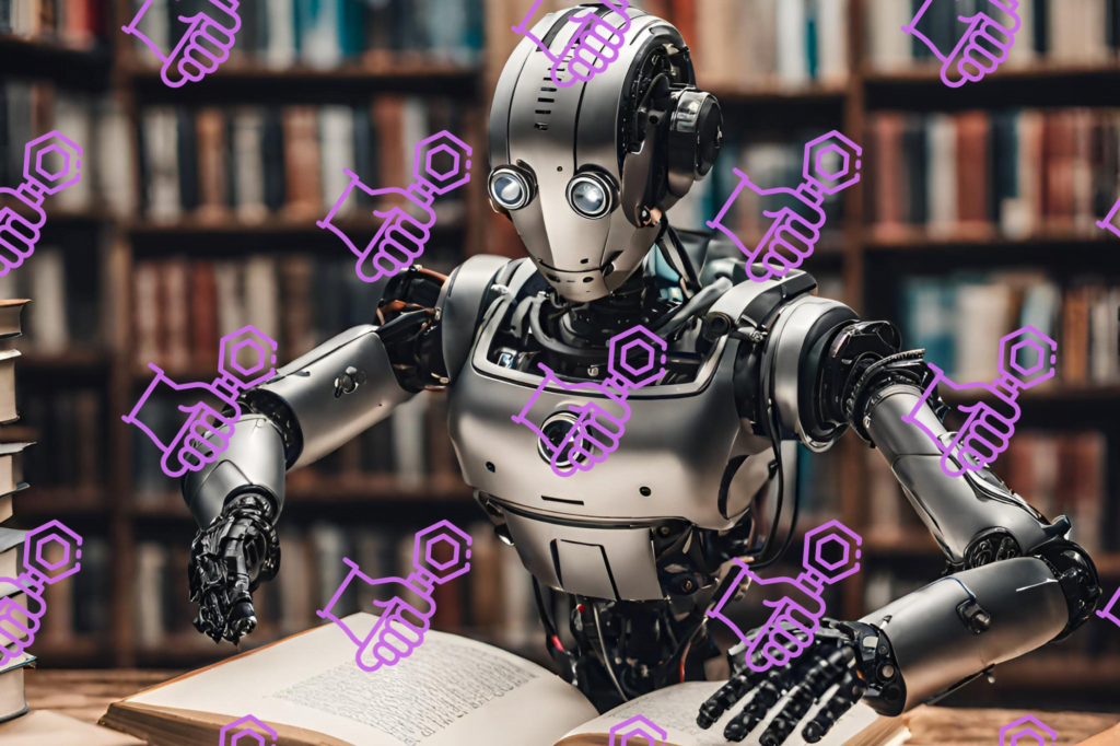 AI robots bypass watermarking filters in books, with purple watermarks across image.
