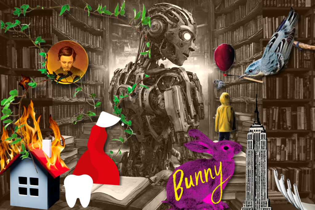 Authors Guild calls on authors to be protected against AI through licences, image shows robot against brown library and motifs from famous books