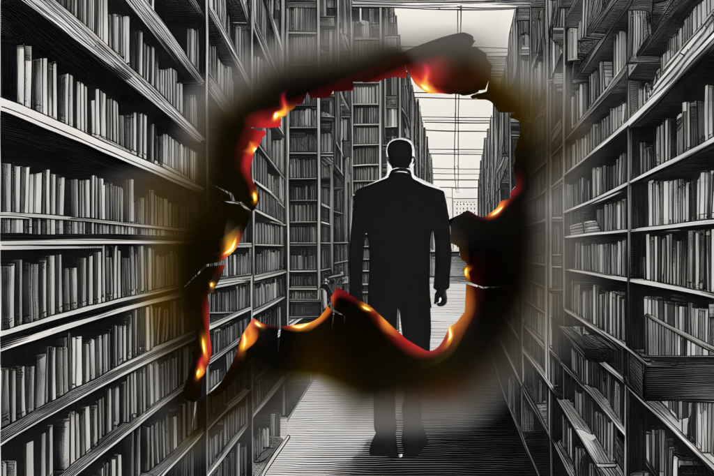 On Banned Books Week we see a black and white authoritarian style library, with a man in black walking down the aisle and burn mark across the image
