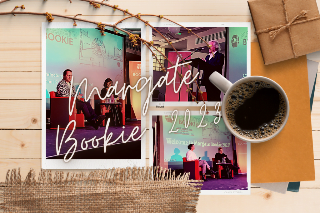 Margate Bookie 2023 montage of Polaroid images of speakers on top of wooden table with books and coffee mug