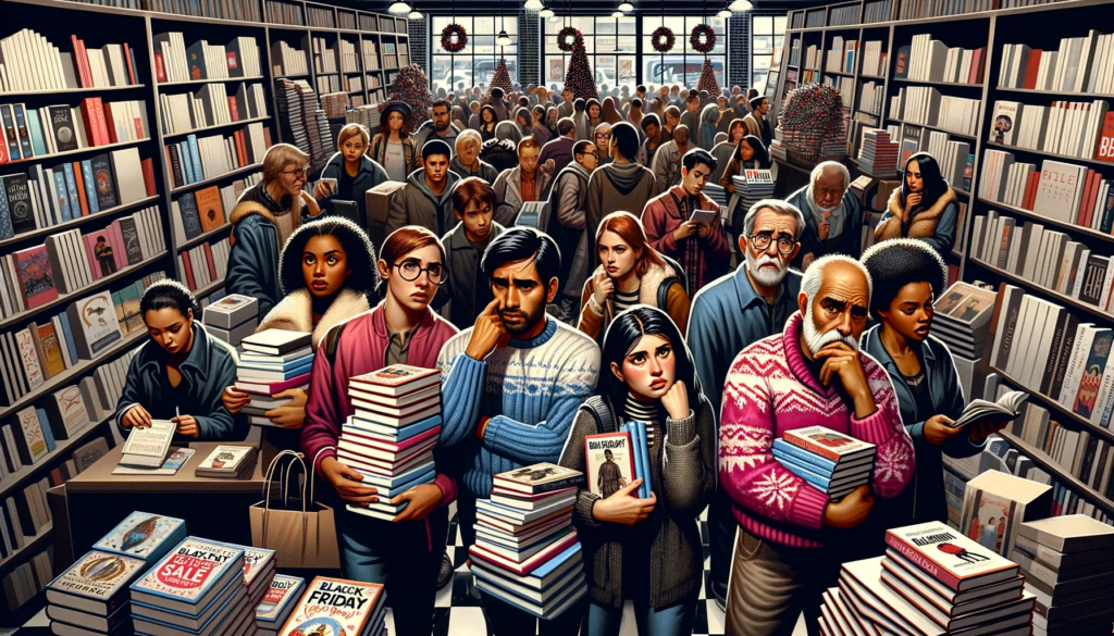 A bustling bookstore scene during Black Friday. Multiple shoppers of diverse descents, including Caucasian, Hispanic, Black, and South Asian, are browsing books during Black Friday