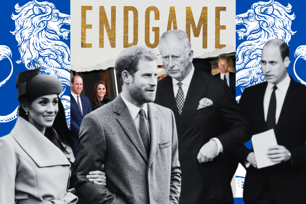 Endgame by Omid Scobie. Black and white images of Prince Harry, Meghan Markle, King Charles III and Prince William on top of Endgame book, with blue background and royal lion motif.
