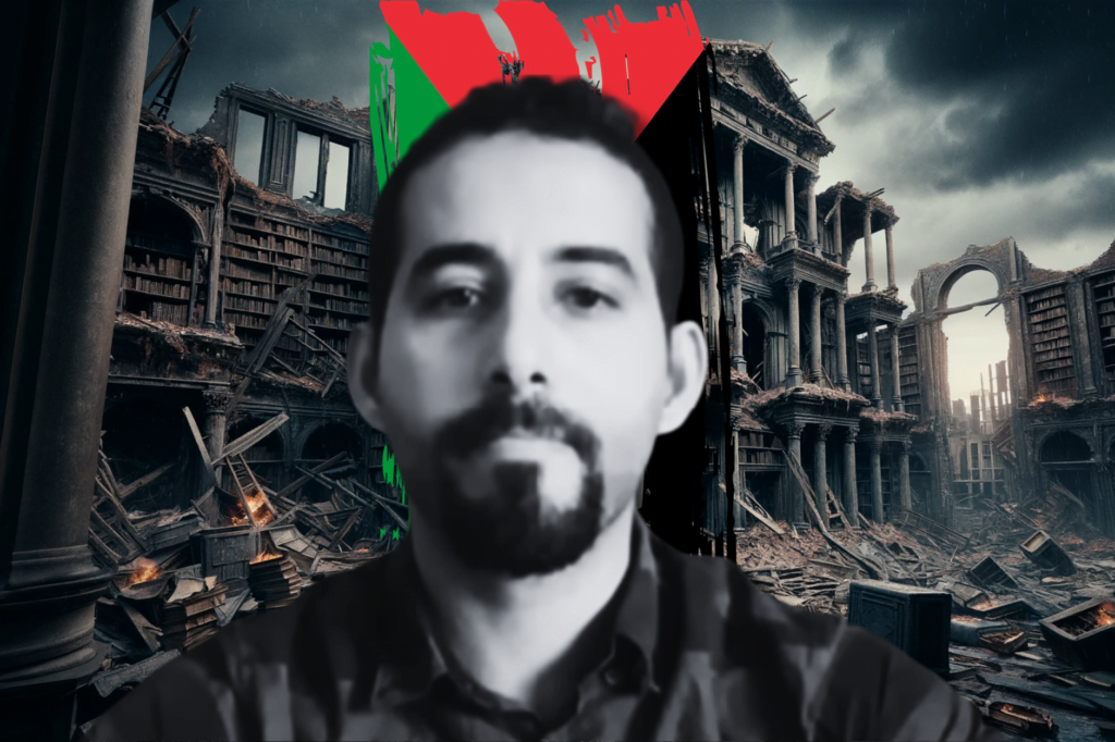 Mosab Abu Toha in black and white in front of bombed out library and Palestinian flag.