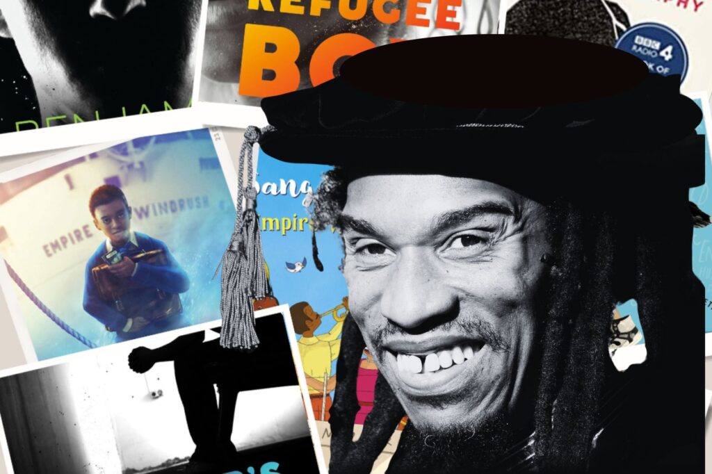 Black and white image of Benjamin Zephaniah and his books