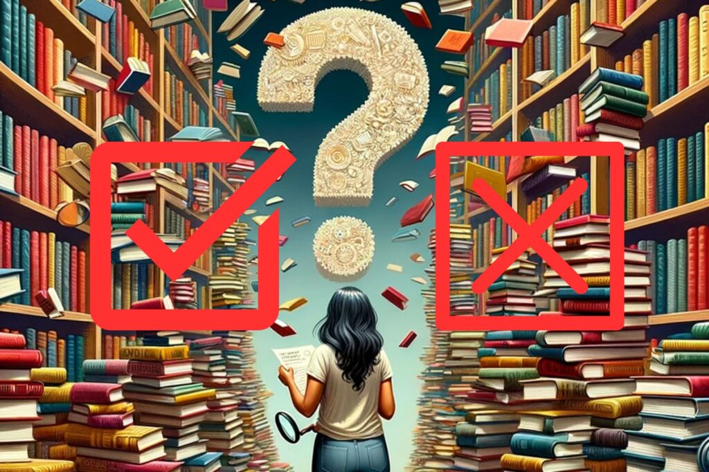 Book lists, giant library of books with woman trying to figure out what to read. Question mark over her head with cross and tick on either side in red.