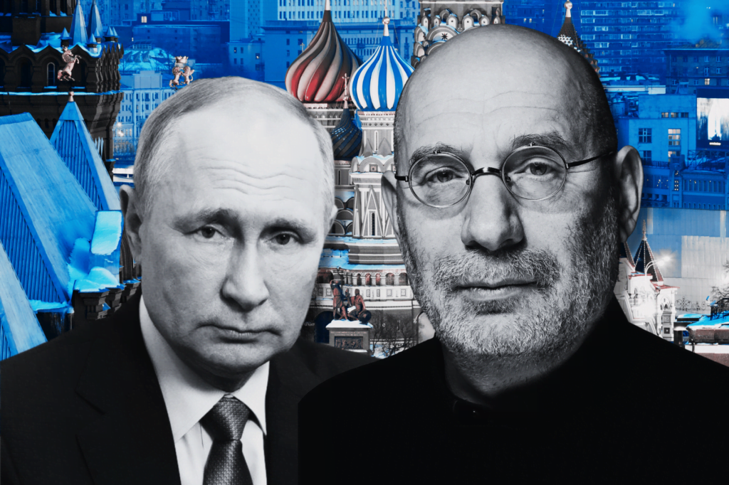 Boris Akunin added to Russia's terror list. Black and white images of Boris Akunin and Vladimir Putin in front of a blue tinted version of the Kremlin building.