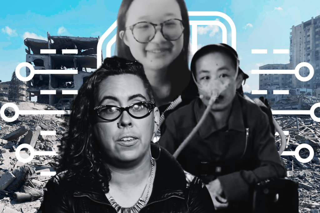 Crips for eSims for Gaza founders Alice Wong, Leah Lakshmi Piepzna-Samarasinha, and Jane Shi all in black and white. Background shows rubble from explosions in Gaza and an eSim diagram in white.