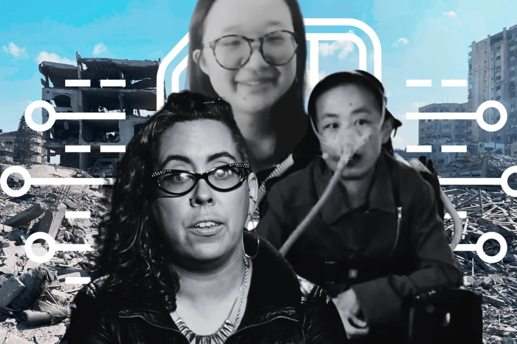 Crips for eSims for Gaza founders Alice Wong, Leah Lakshmi Piepzna-Samarasinha, and Jane Shi all in black and white. Background shows rubble from explosions in Gaza and an eSim diagram in white.