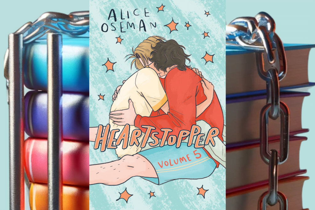Heartstopper Volume 5 with rainbow coloured books chained up