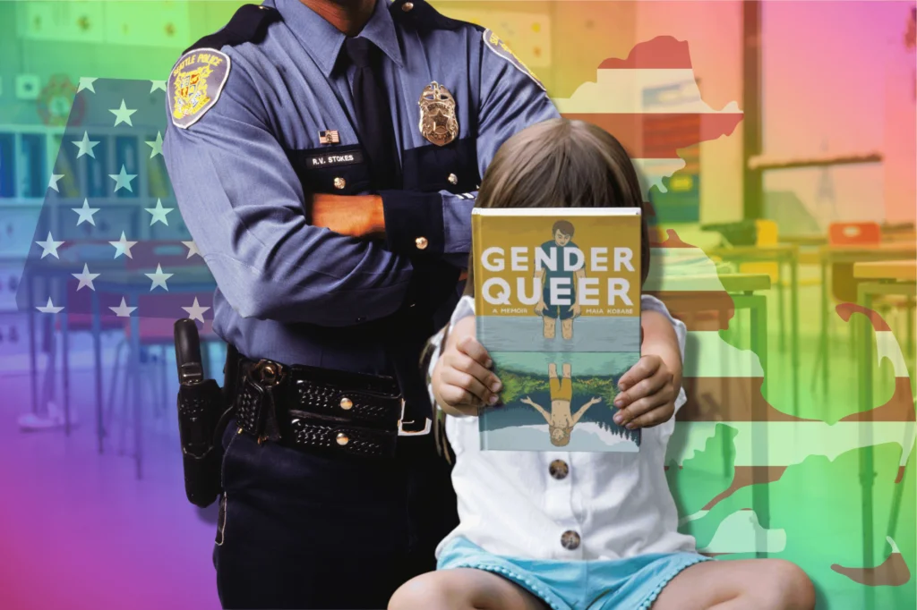 Massachusetts police sorry for Gender Queer school book search. Cop seen in blue uniform and black trousers with badges and arms folded behind child holding Gender Queen book in front of her face. There is a rainbow hued classroom as the background and a faint outline of Massachusetts state.