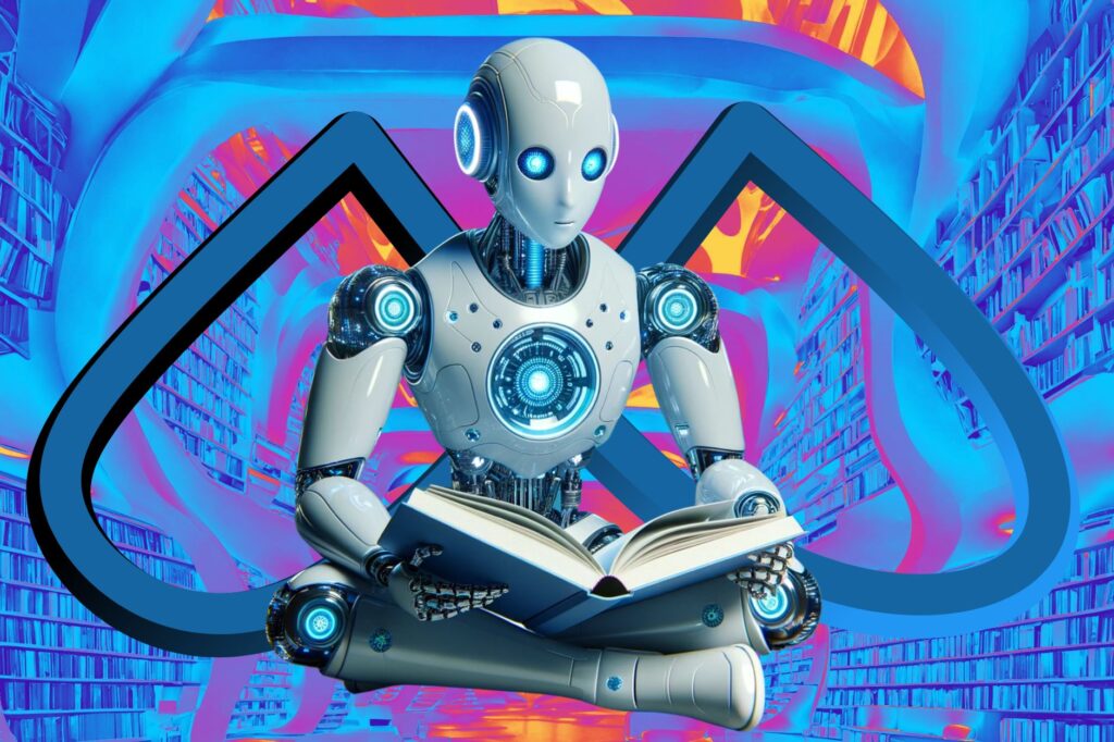 Meta faces claims of using pirated books despite legal warnings. Robot sits reading book in front of Meta blue infinity sign and futuristic blue and orange library