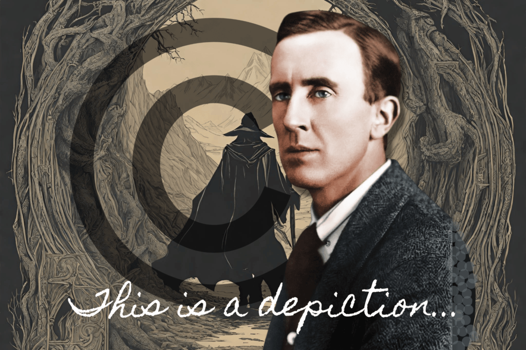 Lord Of The Rings unofficial sequel must be destroyed after Tolkien estate wins copyright case against writer. Young colour picture of J. R. R. Tolkien in front of copyright C symbol, a depiction of Lord of the Rings and the words "this is a depiction" in white handwriting.