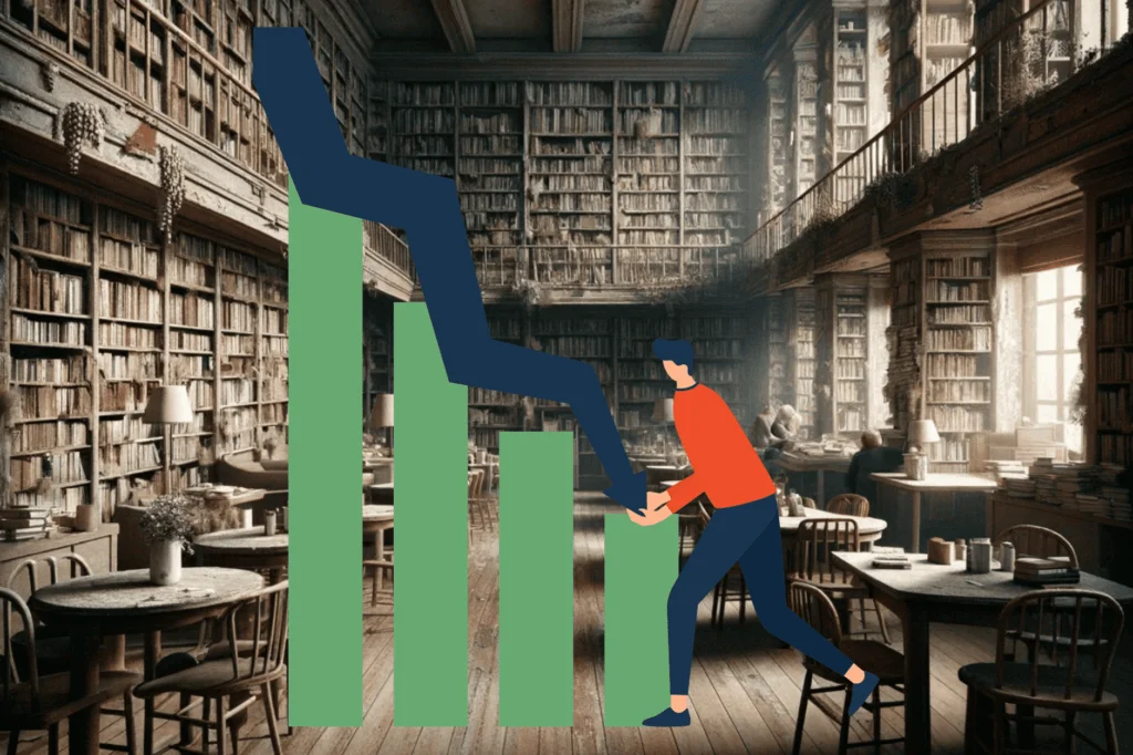 Charity launches support scheme for struggling libraries amid cuts. Dilapidated library seen with a graphic of decreasing bar chart and a person holding the arrow at the bottom.