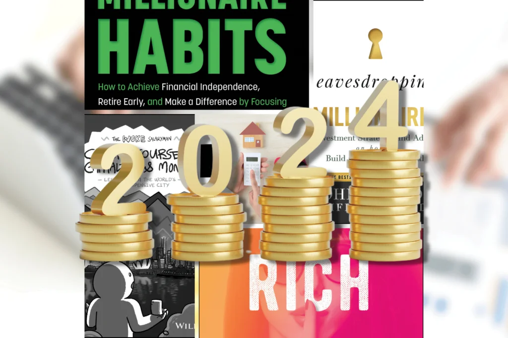 Finance authors share wisdom for 2024, four books behind growing number of coins and 2024 perched on top.