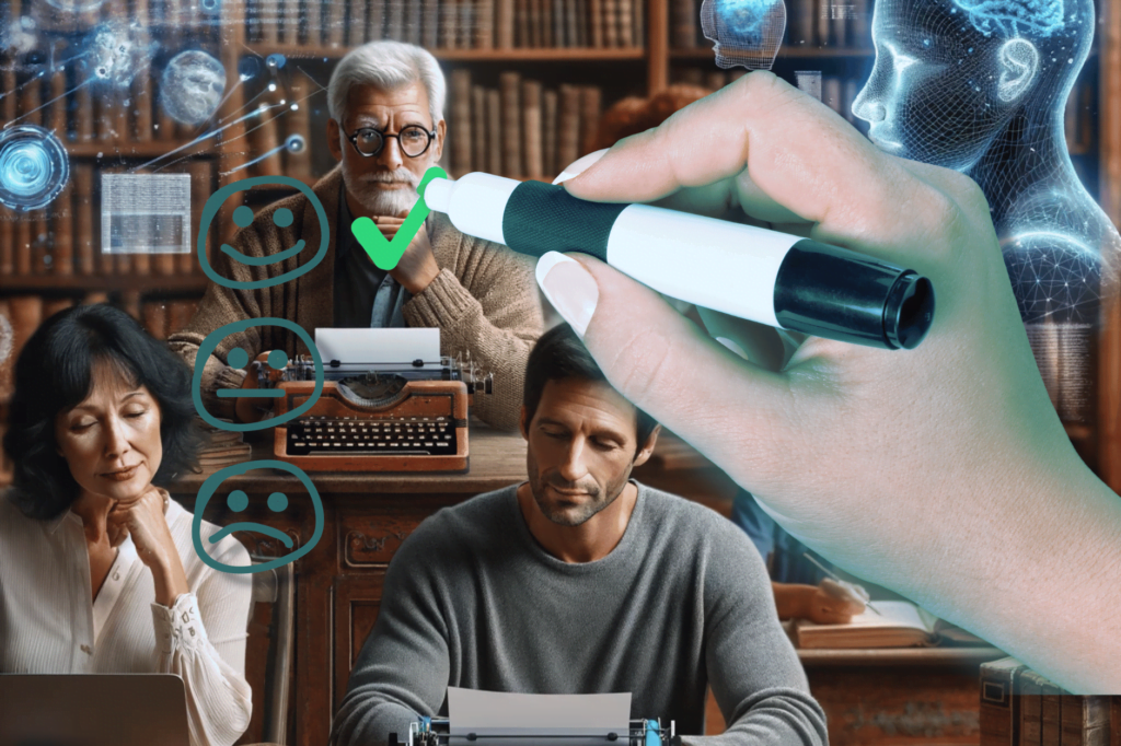 Society of Authors launches generative AI survey. Group of authors sat in library with typewriters with AI tech around, a large hand ticking faces in the front.