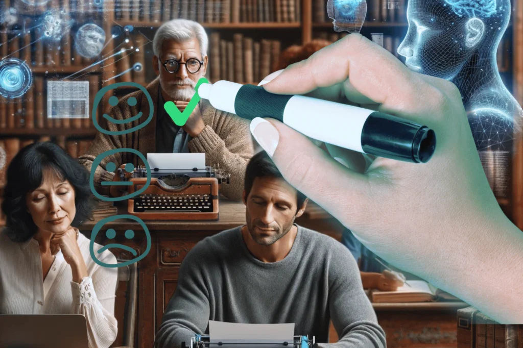 Society of Authors launches generative AI survey. Group of authors sat in library with typewriters with AI tech around, a large hand ticking faces in the front.
