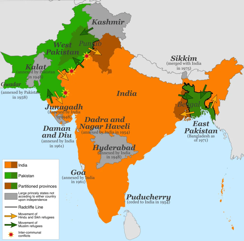 Map of the partition of India (1947). Note: Small princely states not acceding to either country upon independence are shown as integral parts of India and Pakistan.