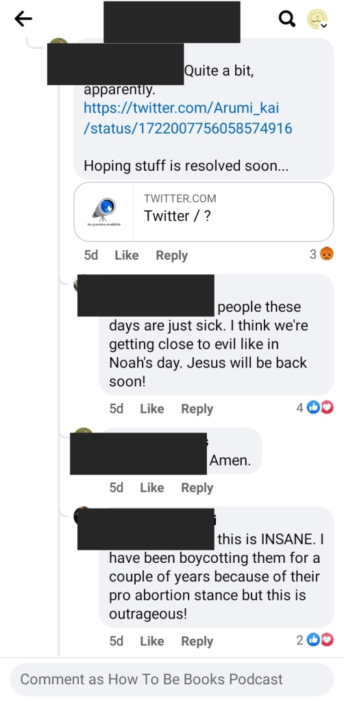 A Christian writers Facebook group shares links to Twitter thread alleging grooming on NaNoWriMo site. The messages include one user saying: "people these days are just sick. I think we're getting close to evil like in Noah's day. Jesus will be back soon!" and "this is INSANE. I have been boycotting them for a couple of years because of their pro abortion stance but this is outrageous!"