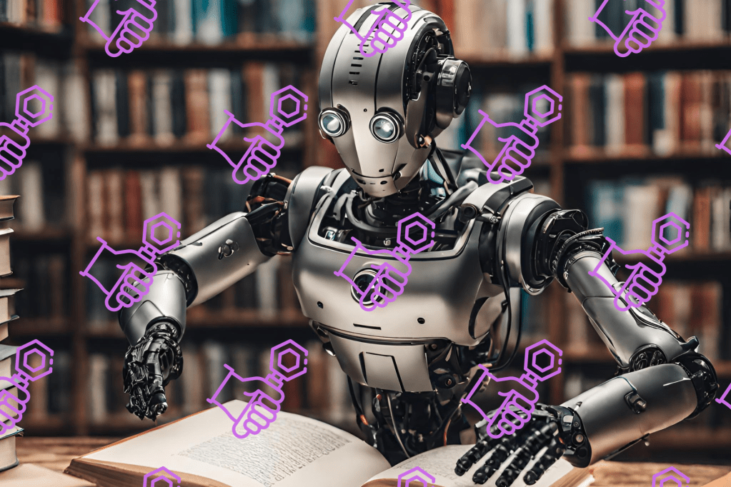 AI robots bypass watermarking filters in books, with purple watermarks across image.
