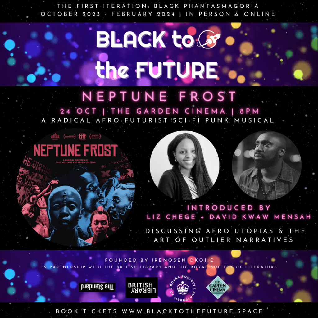 Black To the Future Festival with Neptune Frost, introduced by Liz Chege. She is pictured wearing long braids. David Kwah Mensah is seen staring into the distance wearing a denim shirt and necklace.