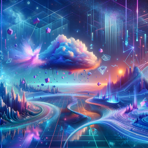 Dictionary.com word of the year is 'hallucinate'. A surreal and abstract representation of an AI hallucination, featuring ethereal, digital landscapes with floating geometric shapes and glowing, neon
