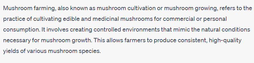 AI foraging books. ChatGPT version asking what is mushroom farming?